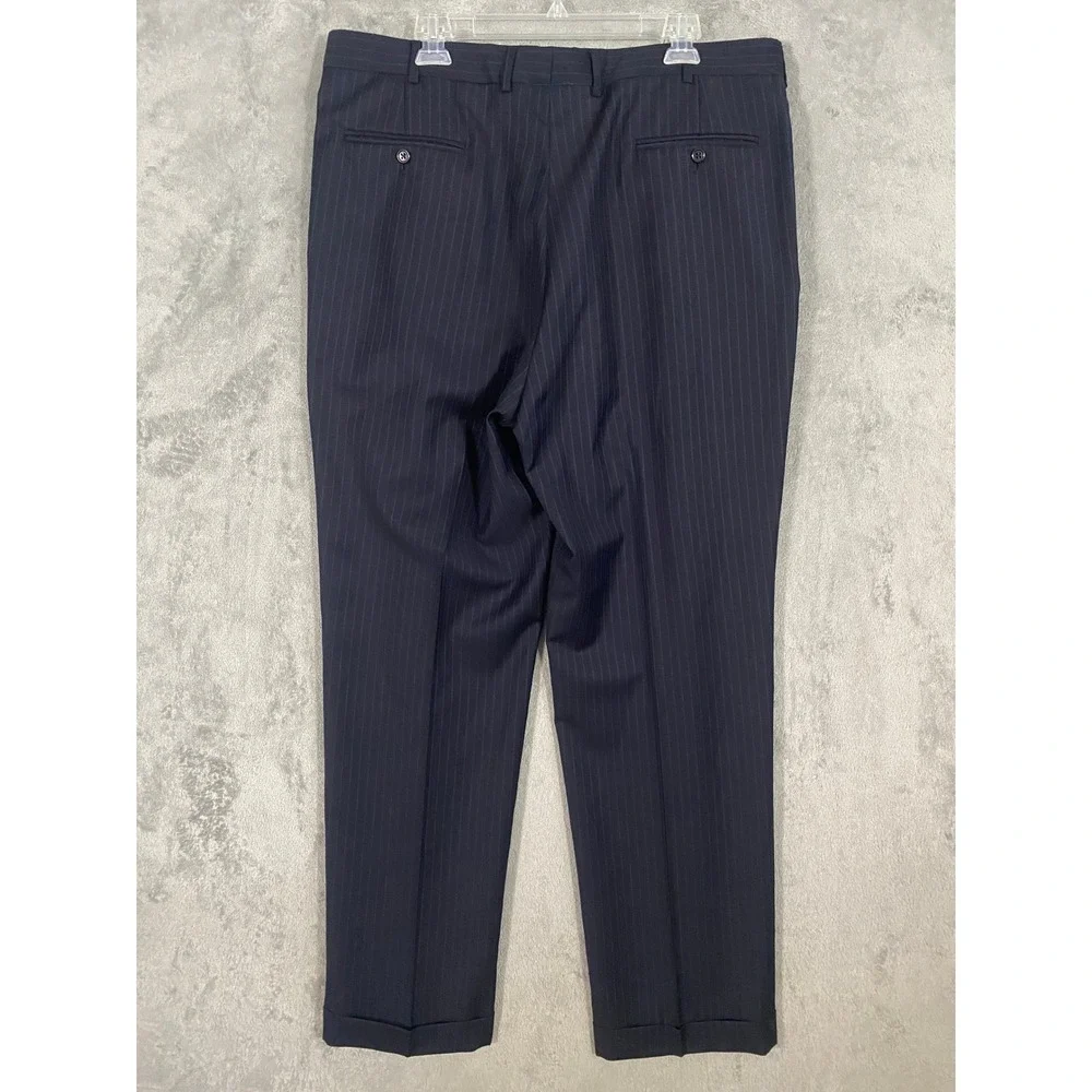 Jos. A. Bank 2pc Suit 46L 38x32 Navy Blue Signature Collection Stripe Cuff Wool